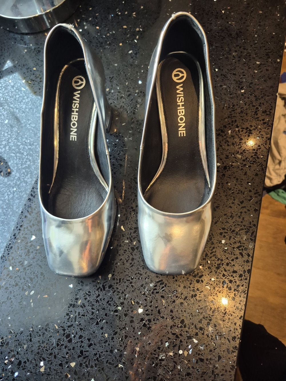 Wishbone Metallic Silver Square-Toe Heels